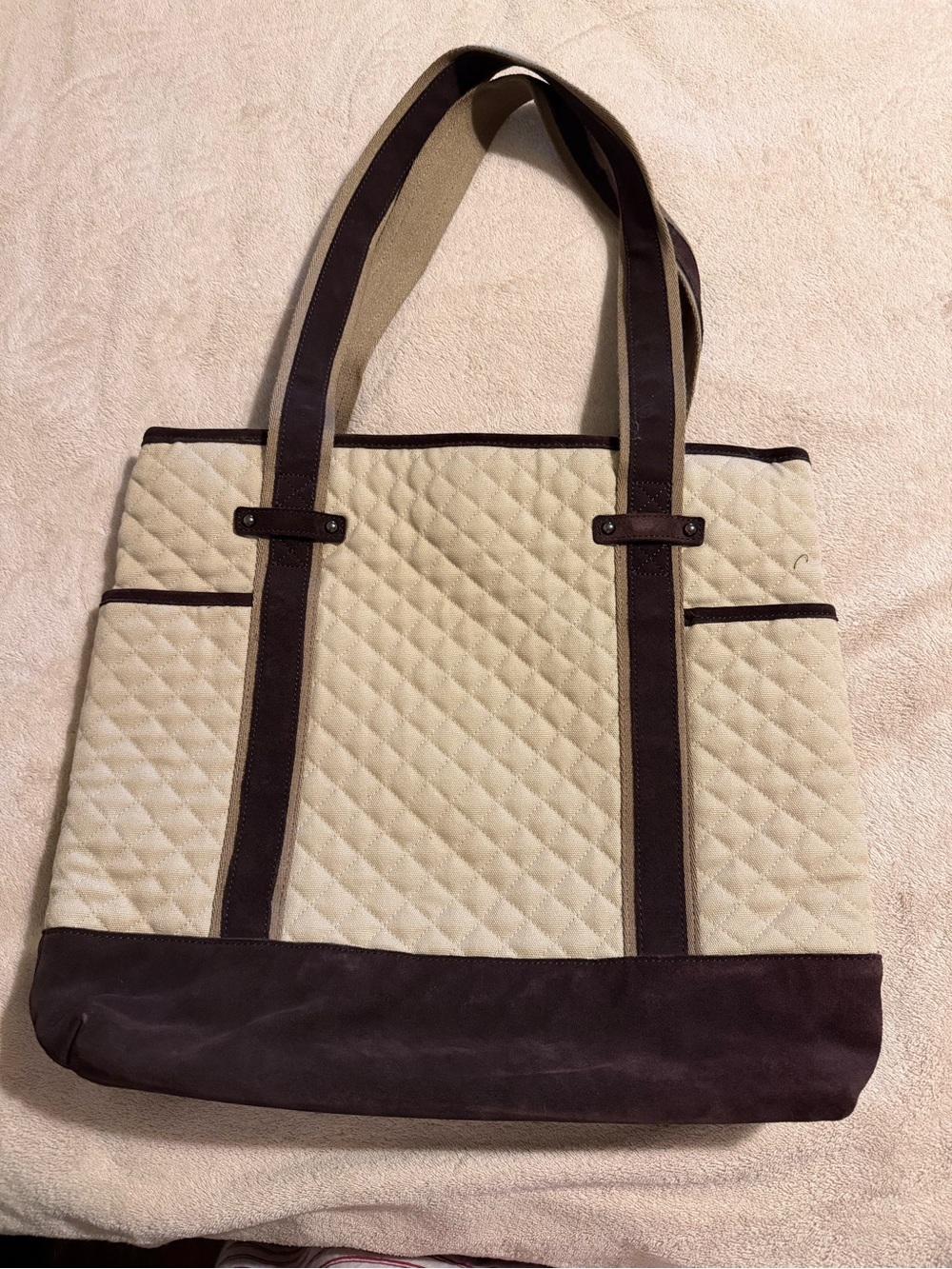 Vera Bradley Quilted Canvas Tote Bag in Cream and Brown - Picture 2 of 5